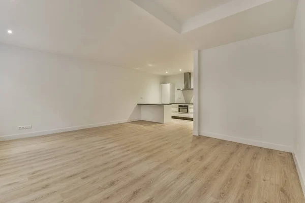 Interior Empty White Kitchen Corridor Wooden Parquet Floor — Stok fotoğraf