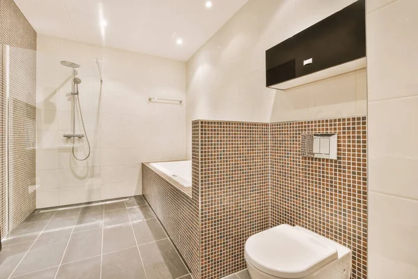 Stilvolle Duschkabine Braun Weiß Gefliesten Badezimmer — Stockfoto