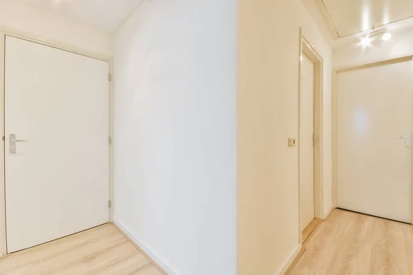 Corridor interior with wooden floor ,white doors and white colored walls