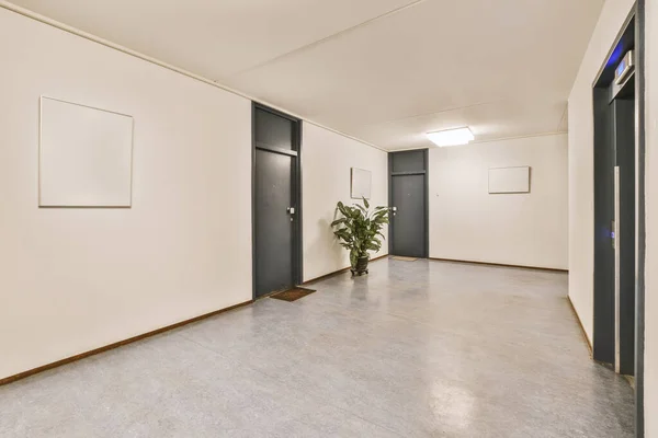 Hall with white walls access to the grey doors