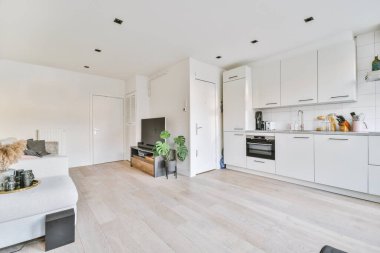 Kanepe ve televizyon mutfağın yanındaki geniş çağdaş dairenin ışık odasında yer almaktadır.