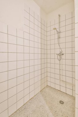 Duş muslukları cam bölmenin yanındaki fayanslı duvara bağlı ve evdeki tuvaletteki süs pervazı.