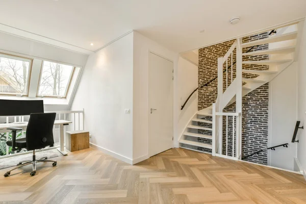 Spacious Bright Attic Room Work Beautiful View Window White Staircase — Stock Photo, Image