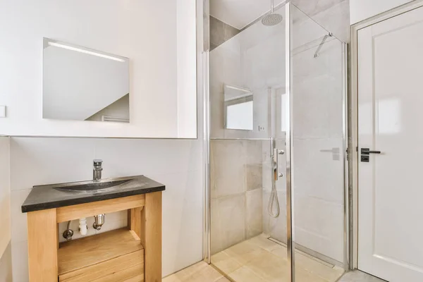Sinks Mirrors Shower Box Glass Door Modern Bathroom White Tiled — Photo