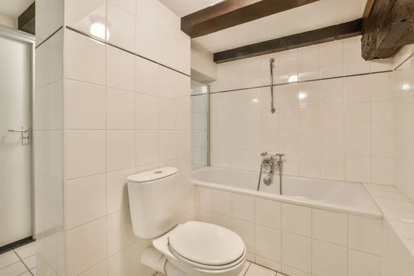 当代浴室内设有淋浴间 厕所及水槽 风格简约 — 图库照片