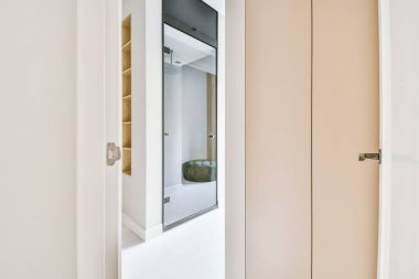 Beyaz duvarlı dar koridor ve modern bir dairede aynası ve parke döşemesi olan ferah bir odaya açılan kapı.