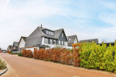 Boş bir kaldırım sokağından panorama manzaralı evler arabalar, ağaçlar ve fenerler