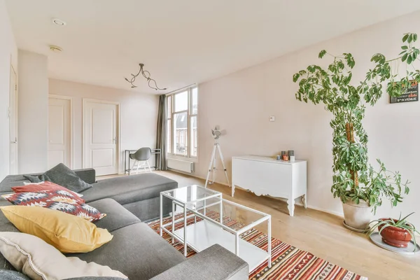 Interior Sala Estar Com Sofá Confortável Janelas Apartamento Contemporâneo — Fotografia de Stock