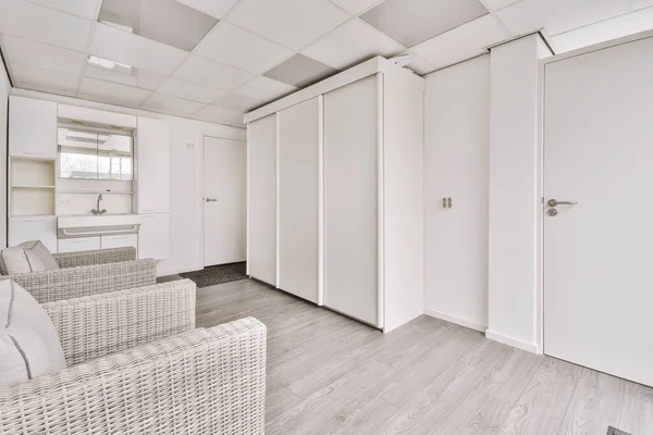 Interior Sala Estar Branca Com Duas Poltronas Trançadas Com Pia — Fotografia de Stock