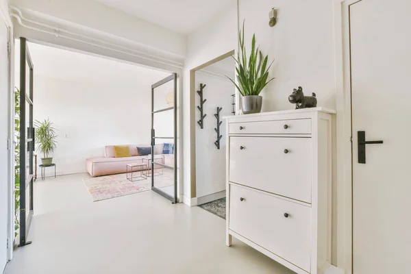 Stylish hallway with door and window to light living room in modern house