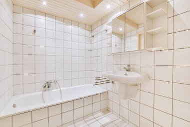 Duşu olan ve düz bir şekilde lavaboya batan çağdaş bir banyo.