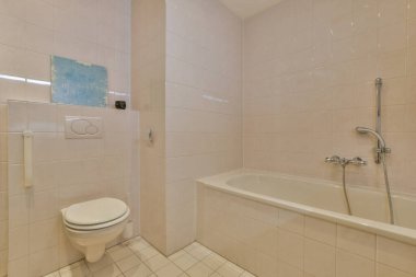 Duşlu, küvetli, tuvaletli ve yassı tuvaletli çağdaş banyonun içi.