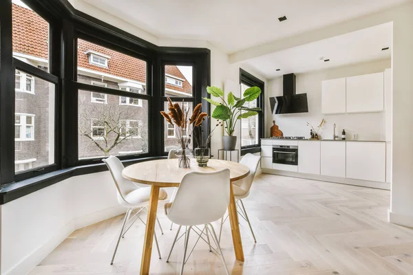 Contemporary Open Plan Kitchen Dining Table Set Gray Sofa Light — Stock Photo, Image
