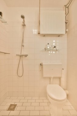 Çağdaş dairenin küçük fayanslı banyosunda lavabo ve duş arasında bulunan sifon tuvaleti