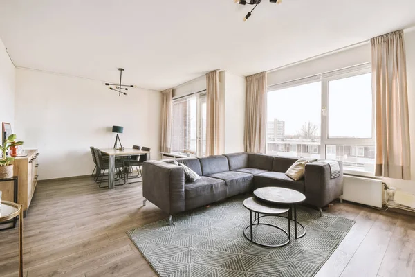 Interieur Woonkamer Met Comfortabele Bank Tegen Ramen Modern Appartement — Stockfoto