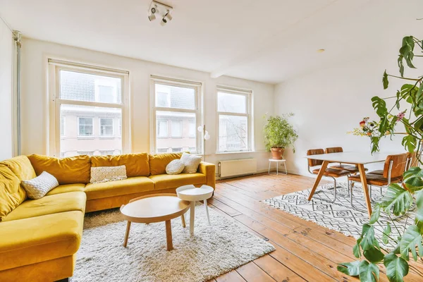 舒适舒适的沙发和扶手椅放在舒适舒适的现代公寓客厅靠窗的柔软地毯上 — 图库照片