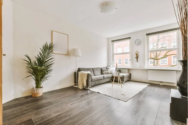 A comfortable sofa in the corner of the room on a soft carpet under the window in a cozy bright living room in a modern apartment