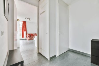 Modern apartmanda gardırobu ve dolabı olan minimalist stil dar bir koridor.