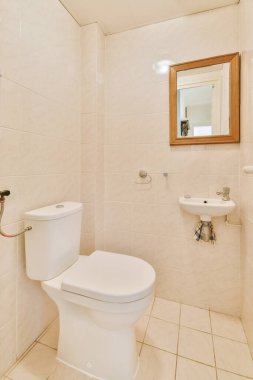 Modern sifon tuvaleti ve seramik lavabo bej kaplama duvarlara monte edilmiş. Evdeki küçük bir dolaptaki aynanın yanında.