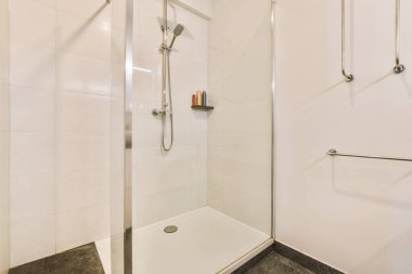 Modern apartmandaki raflı cam duşlu banyo tasarımı.