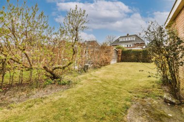 Ahşap çitlerin yanında küçük bahçesi olan basit küçük bir teras.