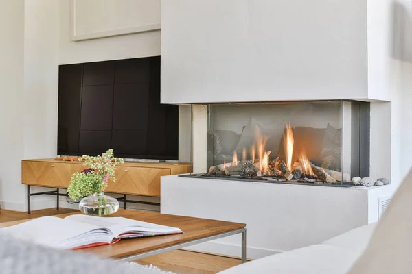 Modern apartmandaki geniş minimalist tarzda oturma odasında halı ve masaya yakın rahat bir kanepe.