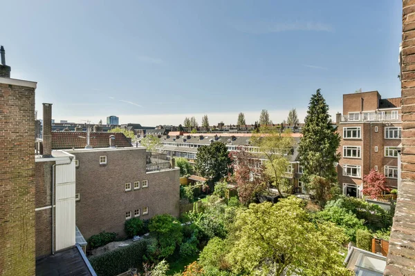 Panorama View Brick Houses Empty Sidewalk Street Trees Lanterns — Photo