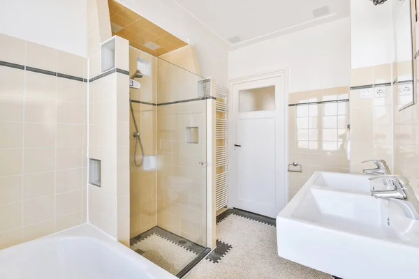 Spacious Bathroom Stone Sink Mirror Black White Colored Tiled Wall — Stockfoto