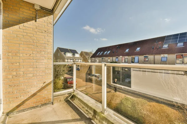 Panoramic View Old Brick Buildings Parking Trees Small Balcony — Fotografia de Stock