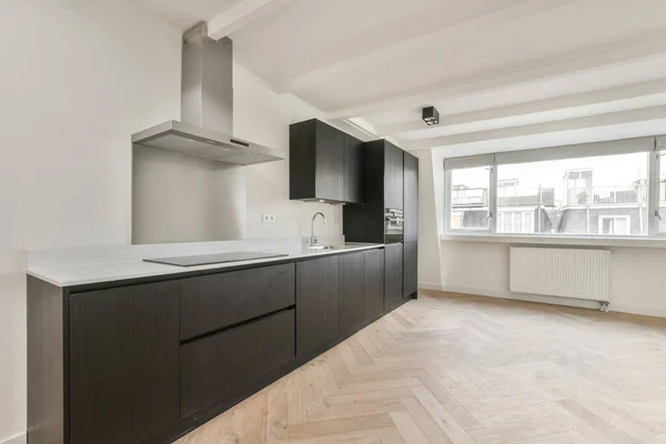 Interior Empty White Kitchen Windows Wooden Parquet Floor — стоковое фото