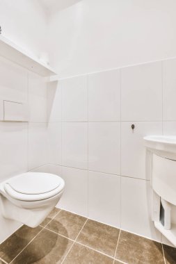 Duvara asılmış tuvalet ve köşedeki bej fayanslı lavabo.