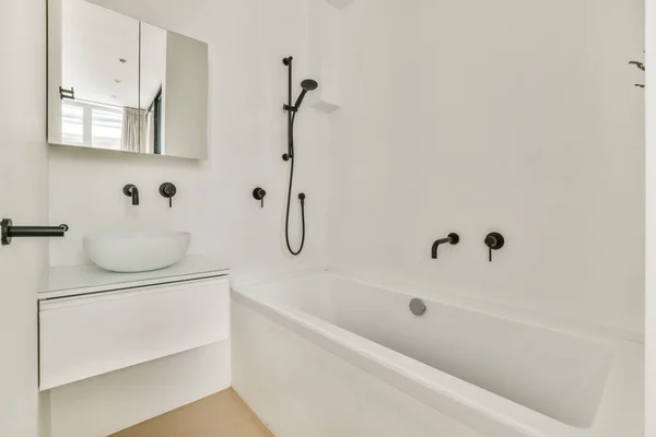 Sinks Mirrors Clean Bathtub Located Shower Box Glass Door Modern — Stock Photo, Image