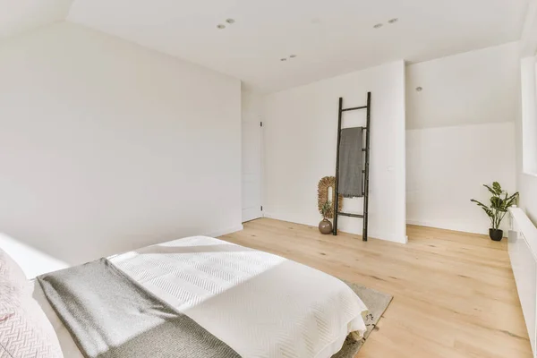 Comfortable Bed Placed Wall Modern Minimalist Style Mansard Bedroom Windows — ストック写真