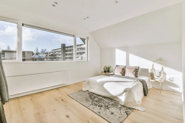 Attic Bedroom Minimalist Interior Design Panoramic Windows Sunny Day — Foto de Stock