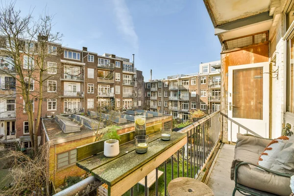 Front View Old Brick Buildings Small Balcony Railings — Fotografia de Stock