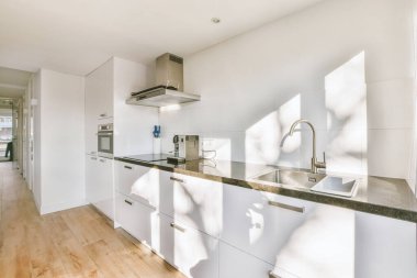 Geniş ışıklı mutfak, modern beyaz mobilyalar ve hafif dairede pop sanat portresi.