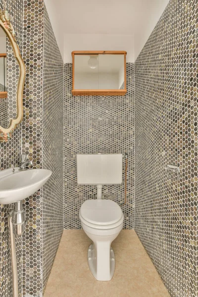 Interior Narrow Restroom Sink Wall Hung Toilet White Patterned Checkered — ストック写真