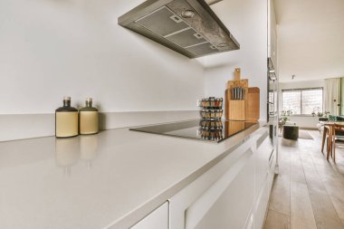 Gündüz vakti modern dolap ve aletlerle aydınlık mutfağın içinde.