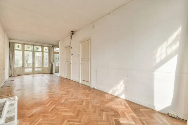 Interior Empty White Kitchen Windows Wooden Parquet Floor — Photo