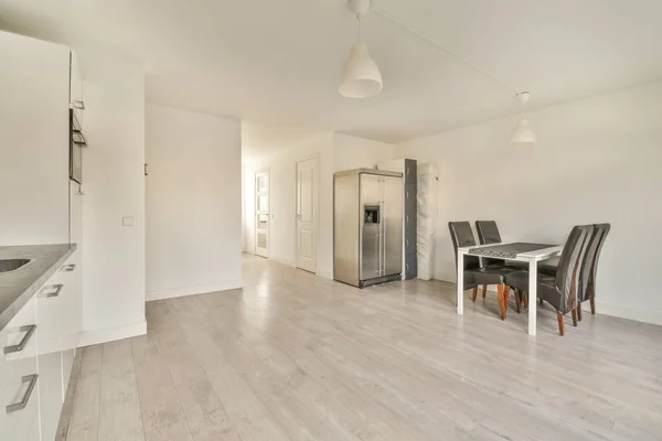 Interior Empty White Kitchen Windows Table Armchair Wooden Parquet Floor — Stockfoto