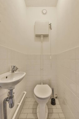 Duvara asılmış tuvalet ve köşedeki bej fayanslı lavabo.