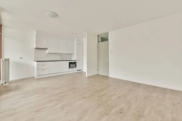 Interior Empty White Kitchen Windows Wooden Parquet Floor — Stockfoto