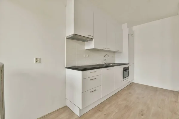 Interior Empty White Kitchen Windows Wooden Parquet Floor — Stockfoto