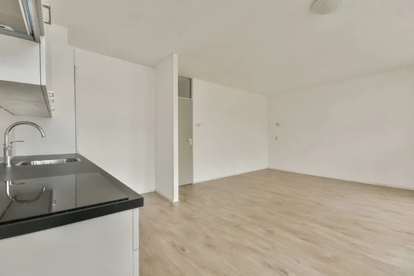 Interior Empty White Kitchen Windows Wooden Parquet Floor — Stockfoto