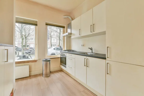 Interior Empty White Kitchen Windows Wooden Parquet Floor — Zdjęcie stockowe