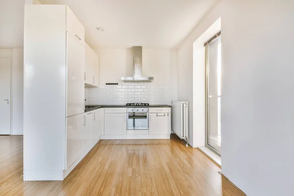 Interior Empty White Kitchen Corridor Wooden Parquet Floor — Stock Fotó