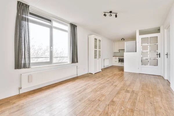 Interior Empty White Kitchen Windows Wooden Parquet Floor — 스톡 사진