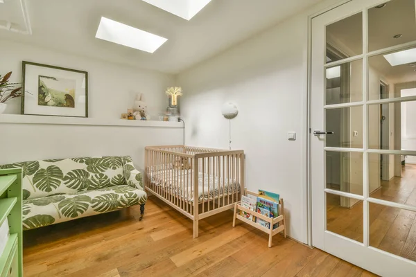 Interior White Room Baby Crib Armchair Window Daylight — 스톡 사진