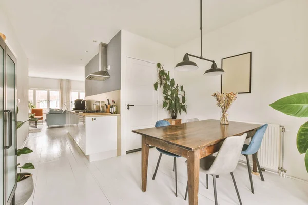 Spacious Minimalist Style Dining Room Table Chairs Modern Apartment White — Fotografia de Stock