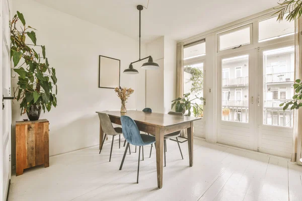 Spacious Minimalist Style Dining Room Table Chairs Modern Apartment White — Fotografia de Stock